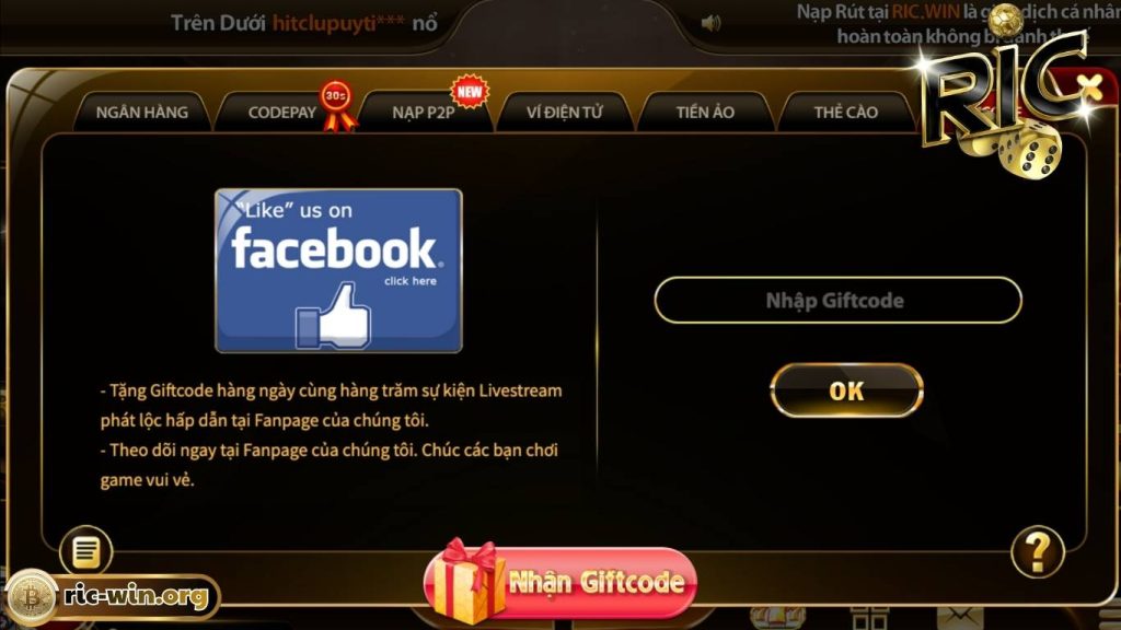 Hướng dẫn các bước áp mã Giftcode Ricwin nhanh chóng