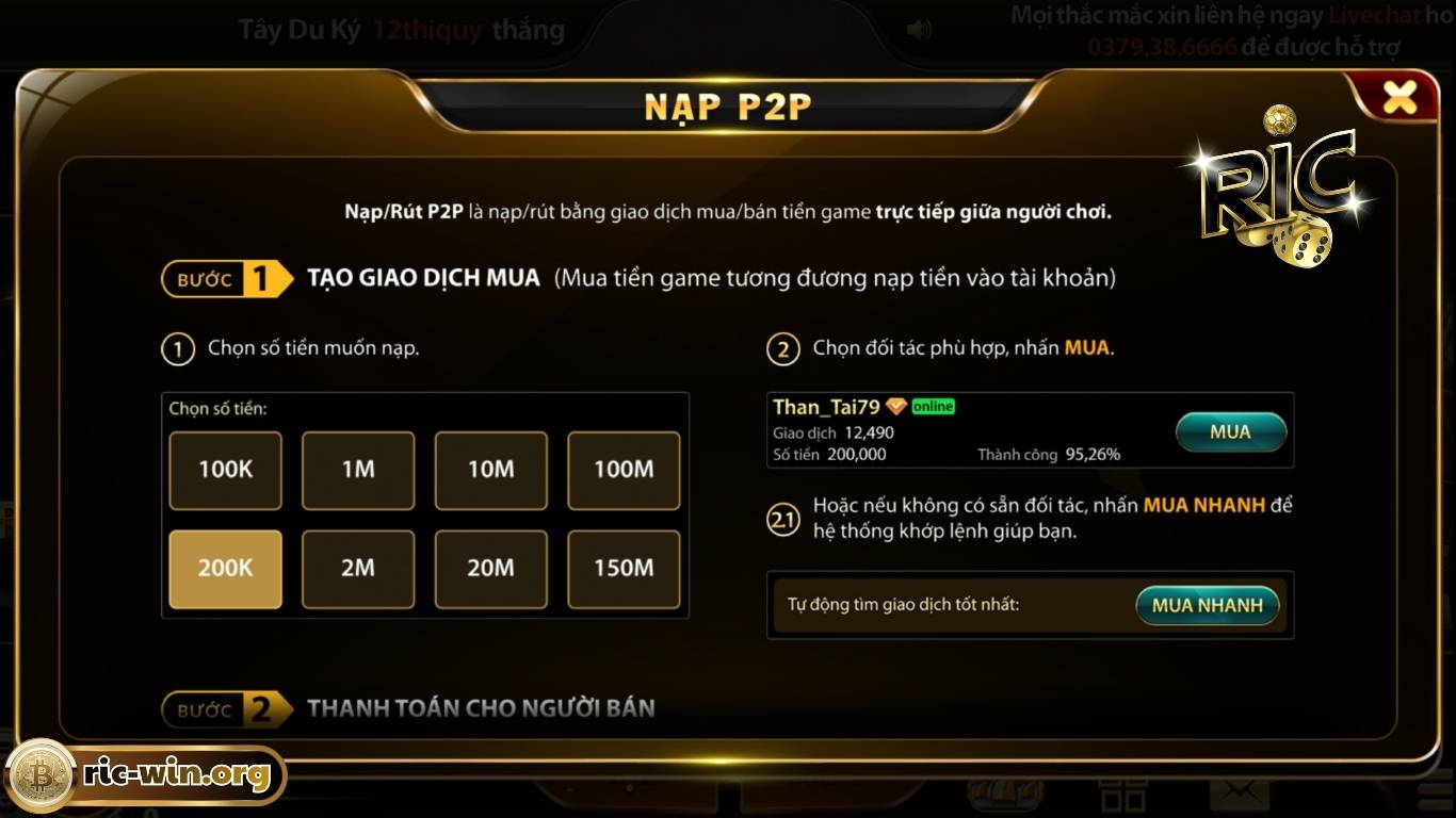 Lưu ý khi nạp tiền Ricwin